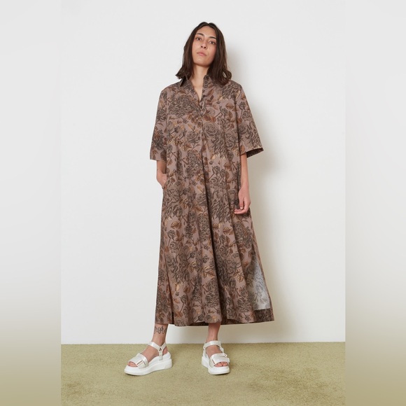 Ganni Dresses & Skirts - Ganni Oversized Poplin Maxi Shirt Dress EU 34 Cotton Brown Botanical Print